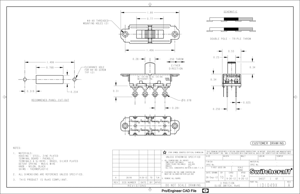 SwitchCraft Mustang/Duosonic Slide Switch