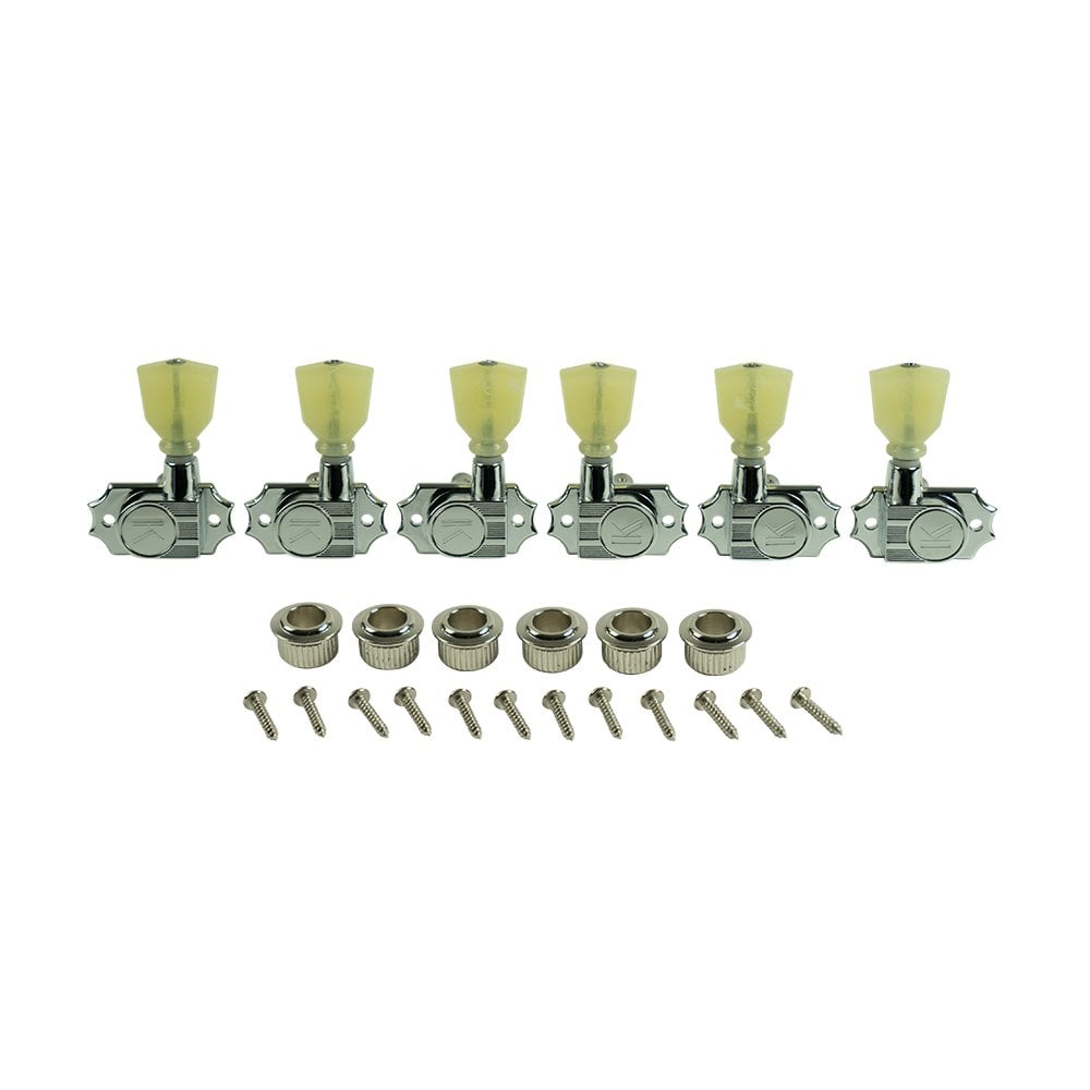 Kluson Revolution Diecast Tuners, 3 Per Side, Pearloid Keystone Button, Push-Fit Bushing for 8.8mm Headstocks 19:1 Gear Ratio