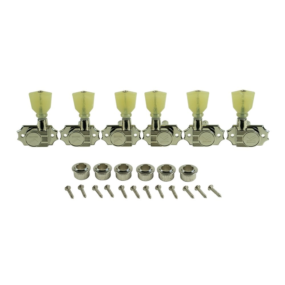 Kluson Revolution Diecast Tuners, 3 Per Side, Pearloid Keystone Button, Push-Fit Bushing for 8.8mm Headstocks 19:1 Gear Ratio