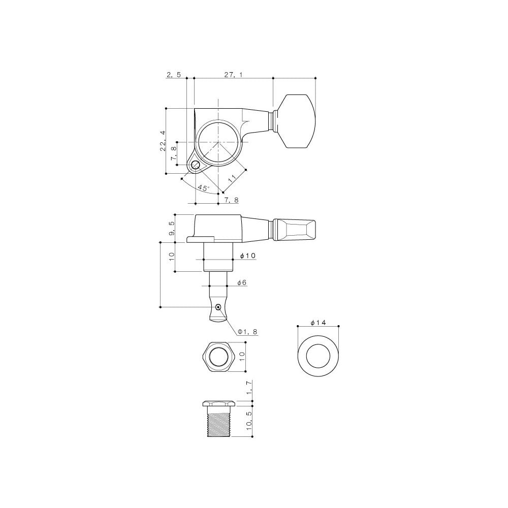Kluson 6 In Line Left Hand Locking Contemporary Diecast Series Tuning Machines 19:1 Gear Ratio