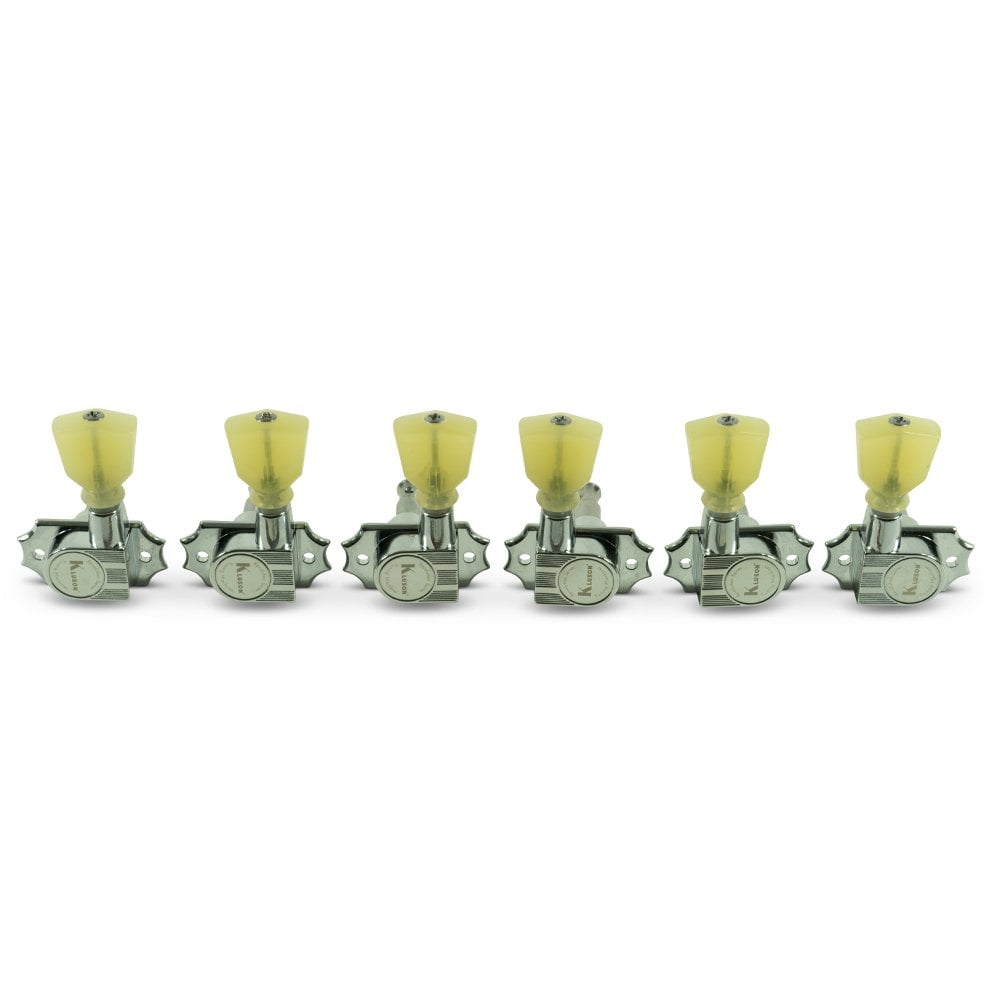 Kluson Revolution G-Mount Diecast Tuners - 3 Per Side - Pearloid Keystone Button 19:1 Gear Ratio
