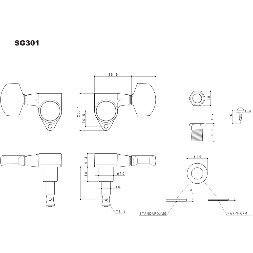 Gotoh SG301 Magnum Lock 3 Aside Traditional Tuners with Metal Tulip Buttons 18:1 Gear Ratio