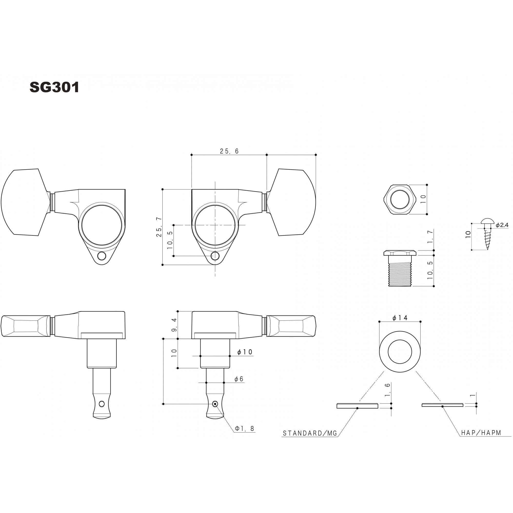 Gotoh SG301 Magnum Lock 3 Aside Traditional Tuners with Metal Tulip Buttons 18:1 Gear Ratio