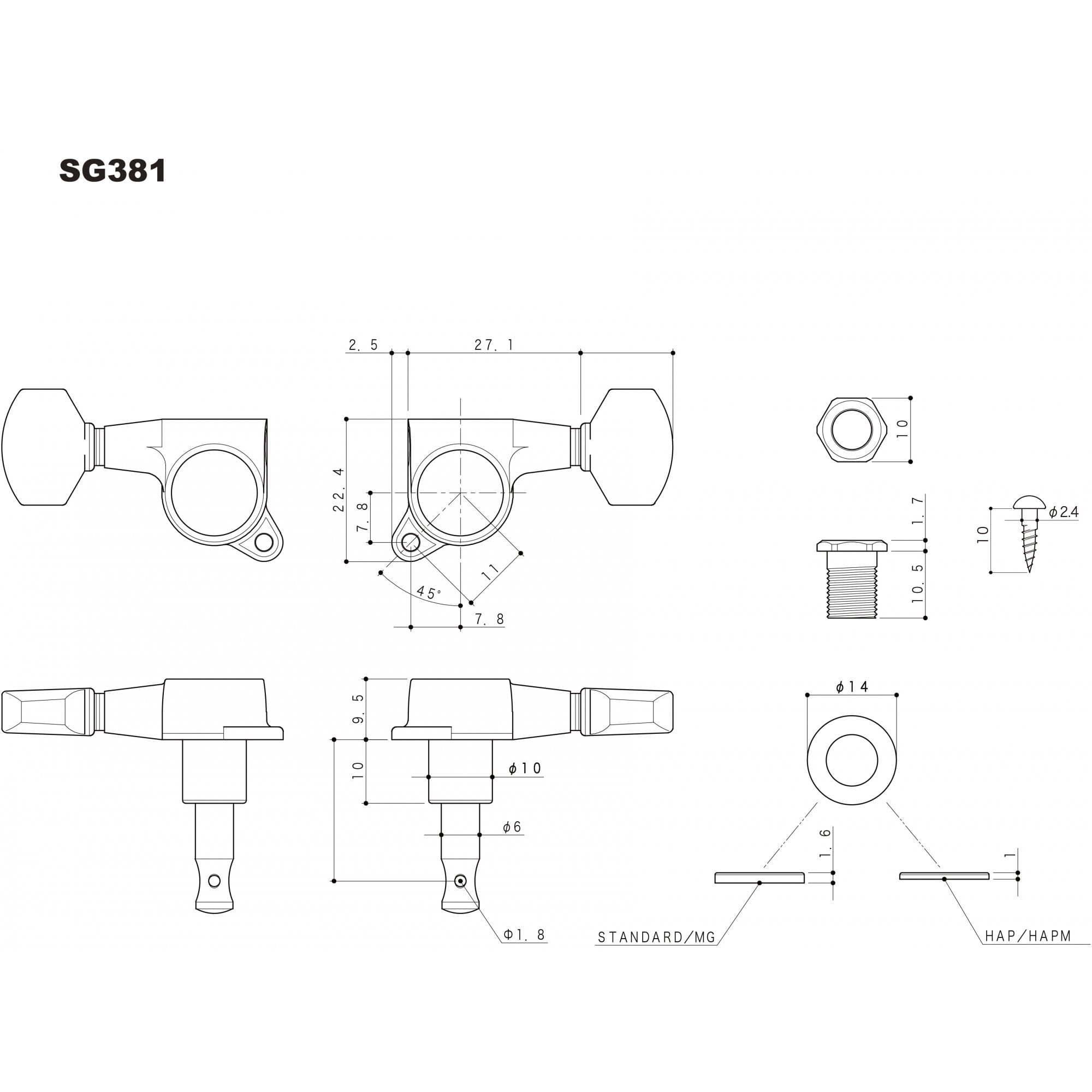 Gotoh SG381 Series 3 Aside Tuning Machines with 01 Large Metal Buttons 16:1 Gear Ratio