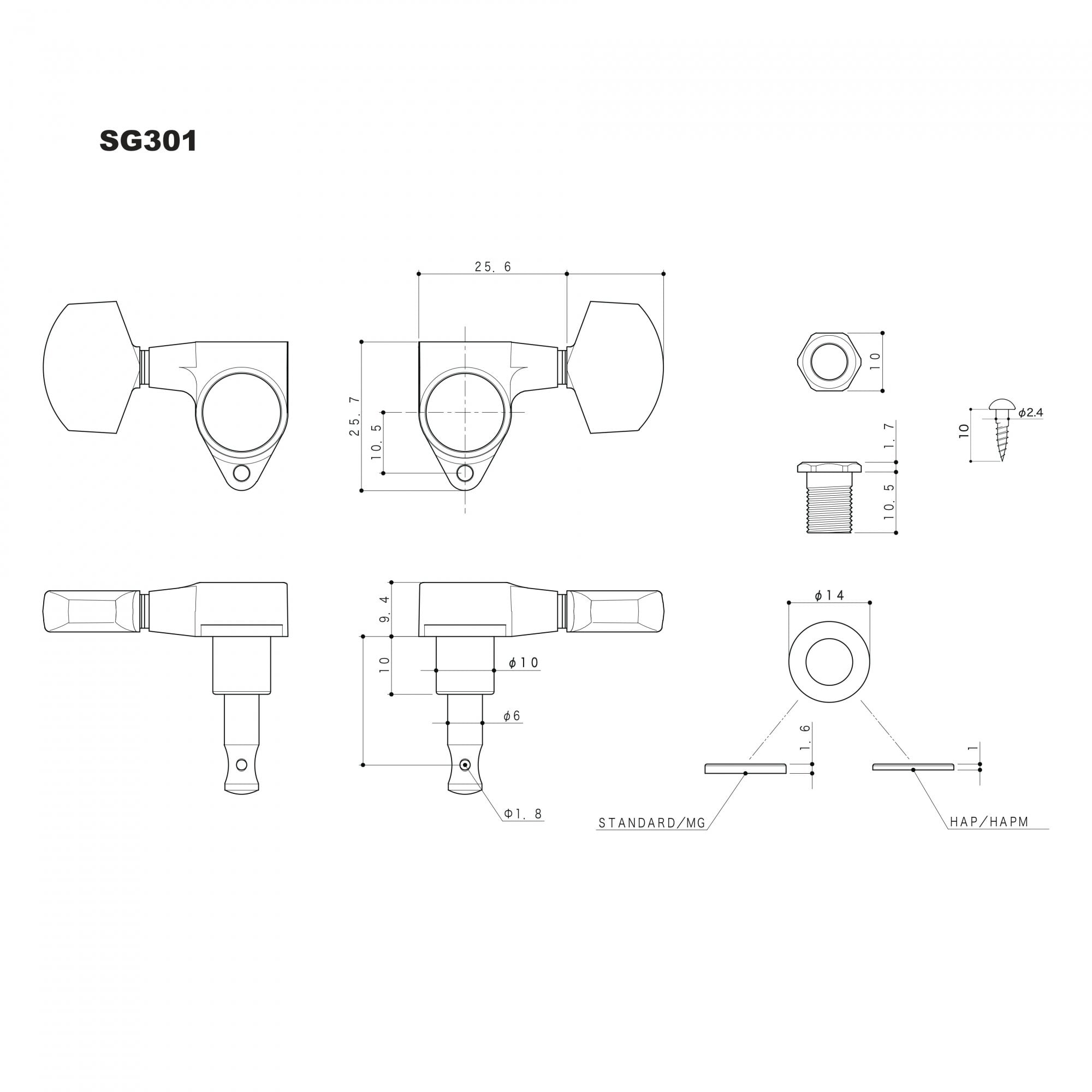Gotoh SG301 series 3 Aside Tuning Machines with 04 Tulip Buttons 18:1 Gear Ratio