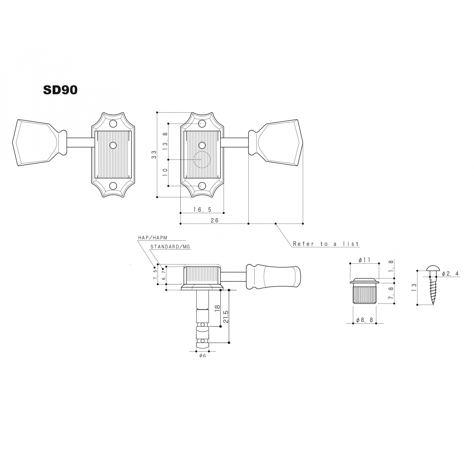Gotoh SD90 Height Adjustable Post and Magnum Locking 3 Aside Vintage Style Tuning Machines
