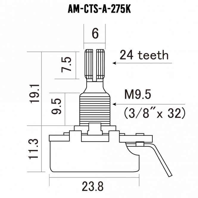 CTS Guitar Pot, 250k (275k) Split Shaft Pot Premium 450 Series 9% Tolerance for Single Coil Pickups