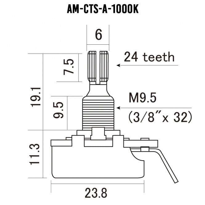 CTS Guitar Pot, 1000k (1 meg) Split Shaft Premium 450 Series with 9% Tolerance, Log Taper