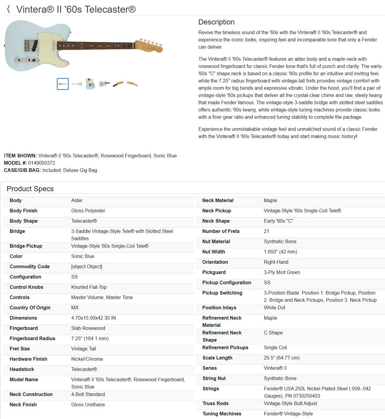 Fender Vintera II '60s Telecaster with Rosewood Fretboard 2023 - Sonic Blue