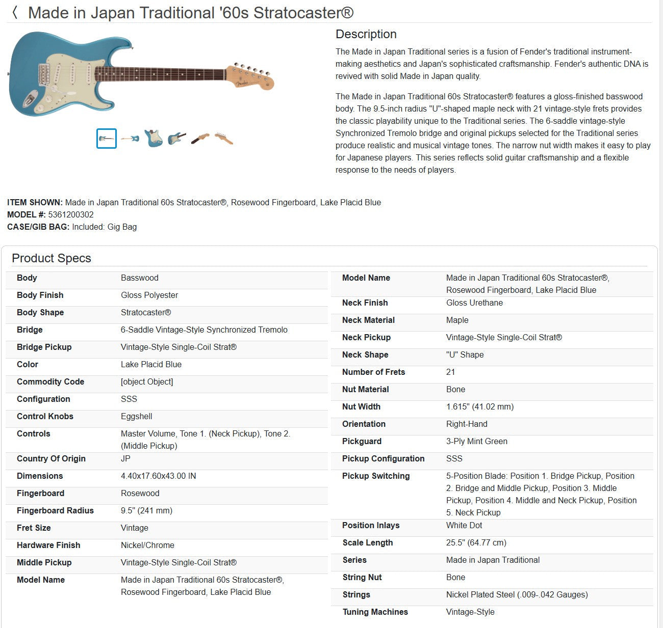 Fender MIJ Traditional II '60s Stratocaster 2025 - Lake Placid Blue