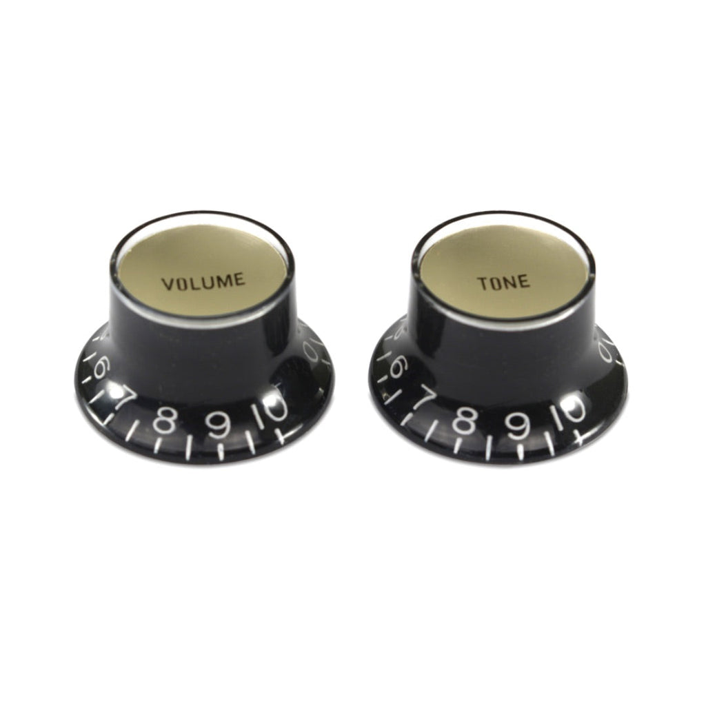 Hosco Bell Knob (Set of 2, 1 x Volume 1 x Tone) Black With Gold Inserts, Embossed White Numbers, USA fit and CTS pots