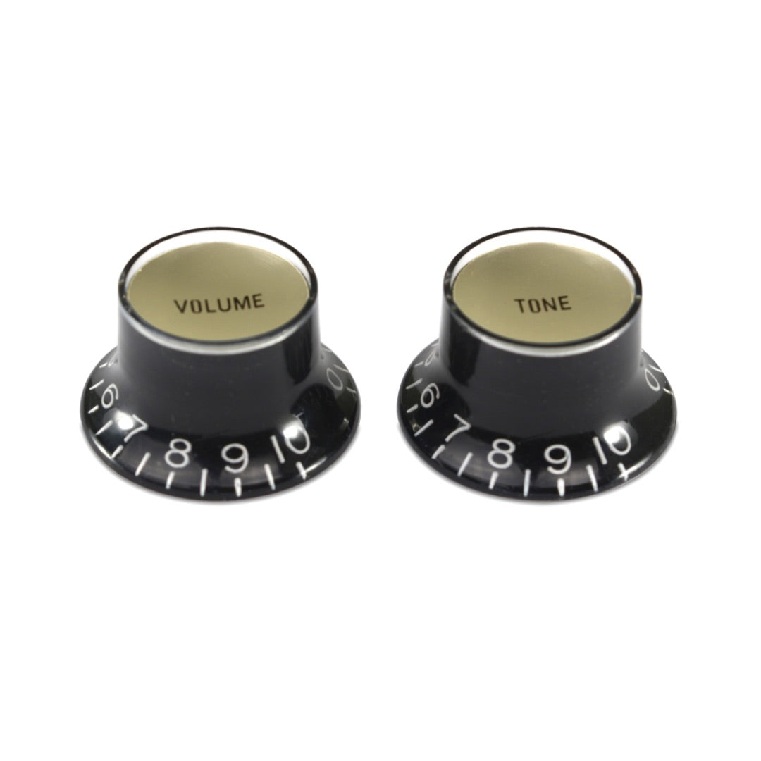 Hosco Bell Knob (Set of 2, 1 x Volume 1 x Tone) Black With Gold Inserts, Embossed White Numbers, USA fit and CTS pots