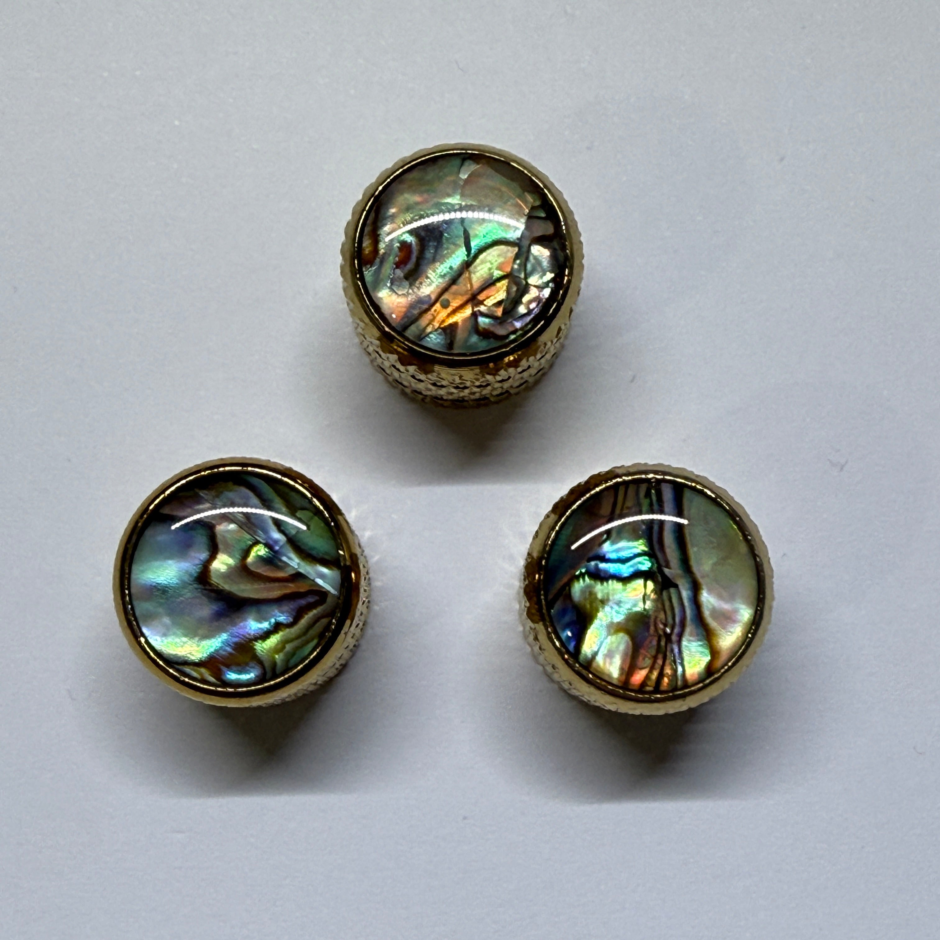 Premium Abalone Inlay Knob Set (3 pcs) for Split Shaft Pots 18 spline / 16 spline. Chrome / Gold