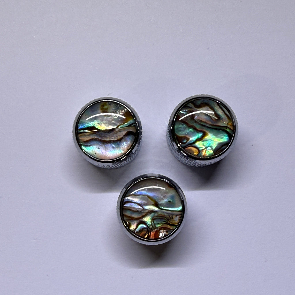 Premium Abalone Inlay Knob Set (3 pcs) for Split Shaft Pots 18 spline / 16 spline. Chrome / Gold