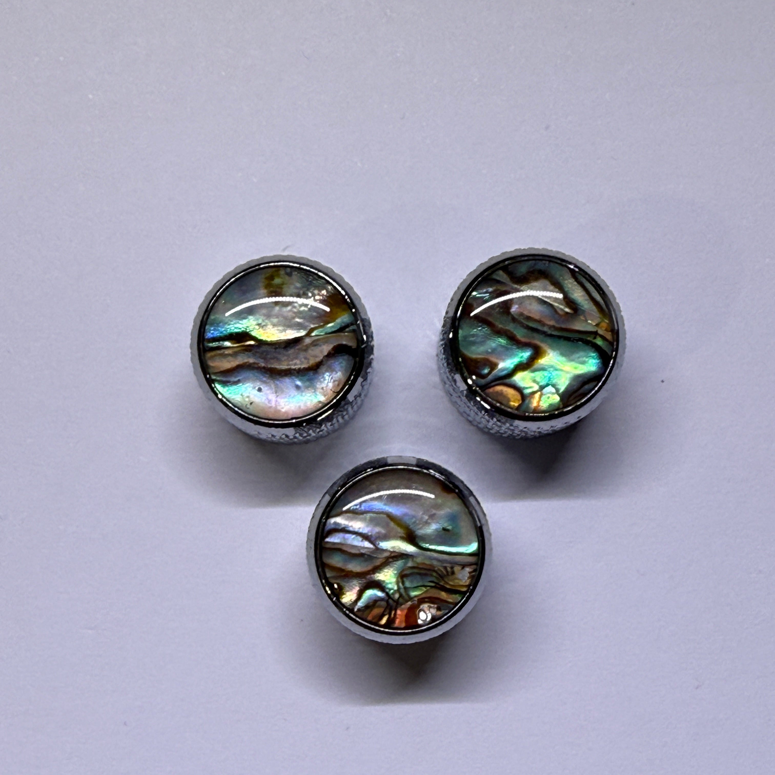 Premium Abalone Inlay Knob Set (3 pcs) for Split Shaft Pots 18 spline / 16 spline. Chrome / Gold