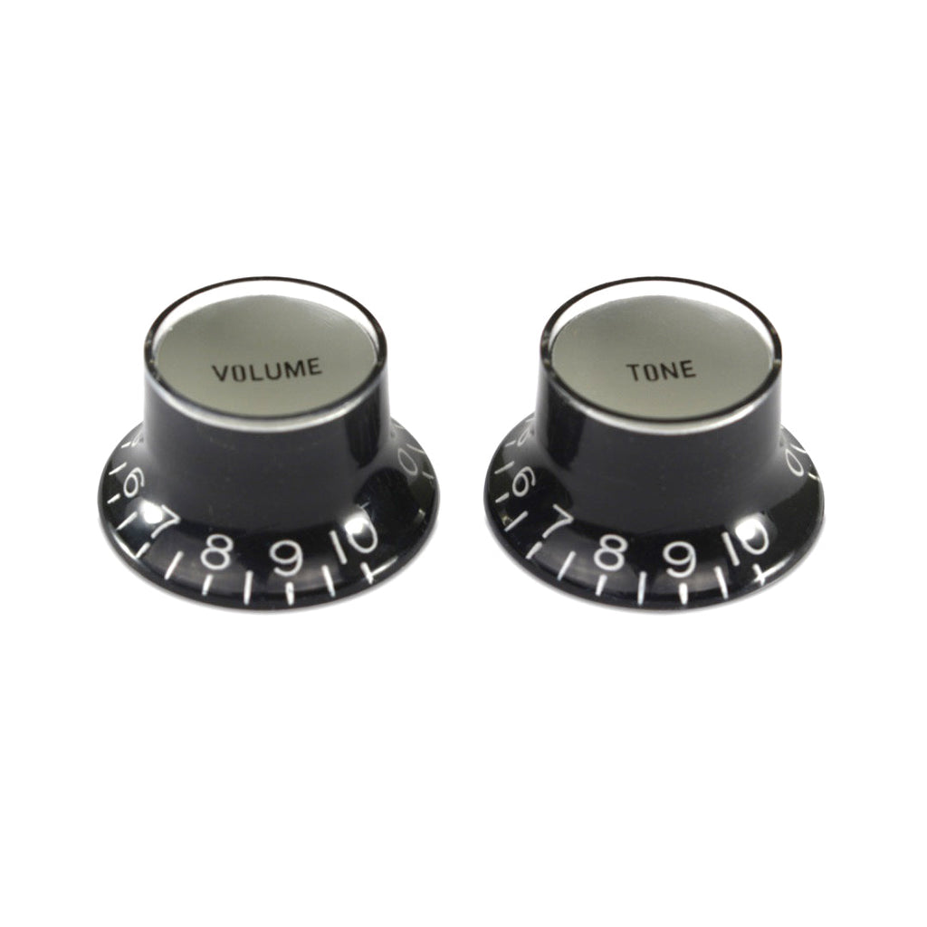 Hosco Bell Knob (Set of 2, 1 x Volume 1 x Tone) Black With Silver Inserts, Embossed White Numbers, USA fit and CTS pots