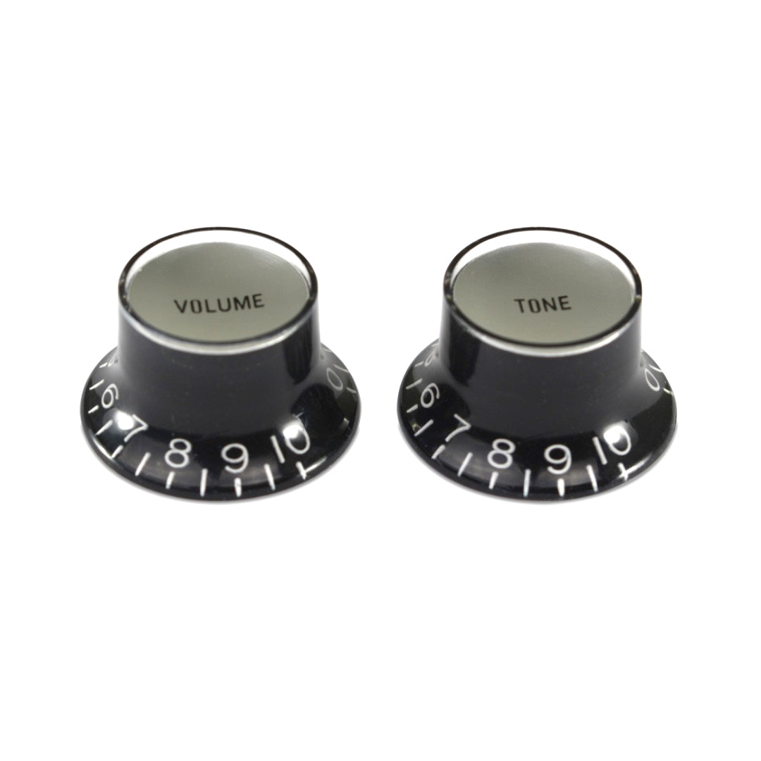 Hosco Bell Knob (Set of 2, 1 x Volume 1 x Tone) Black With Silver Inserts, Embossed White Numbers, USA fit and CTS pots