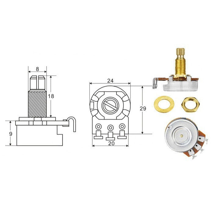 Brass Guitar Pots - Full Size Split Shaft 18 spline / 16 spline Potentiometer for Volume / Tone A250k A500k B250k B500k