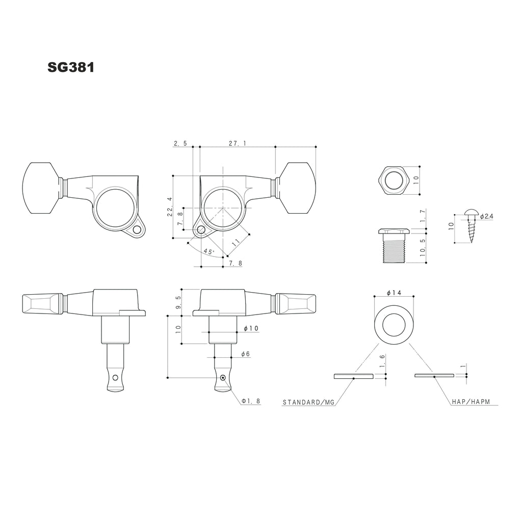 Gotoh SG381 Magnum Lock Traditional Tuners 6 In Line with Straight-Sided Mini Buttons (Model 07) 16:1 Gear Ratio