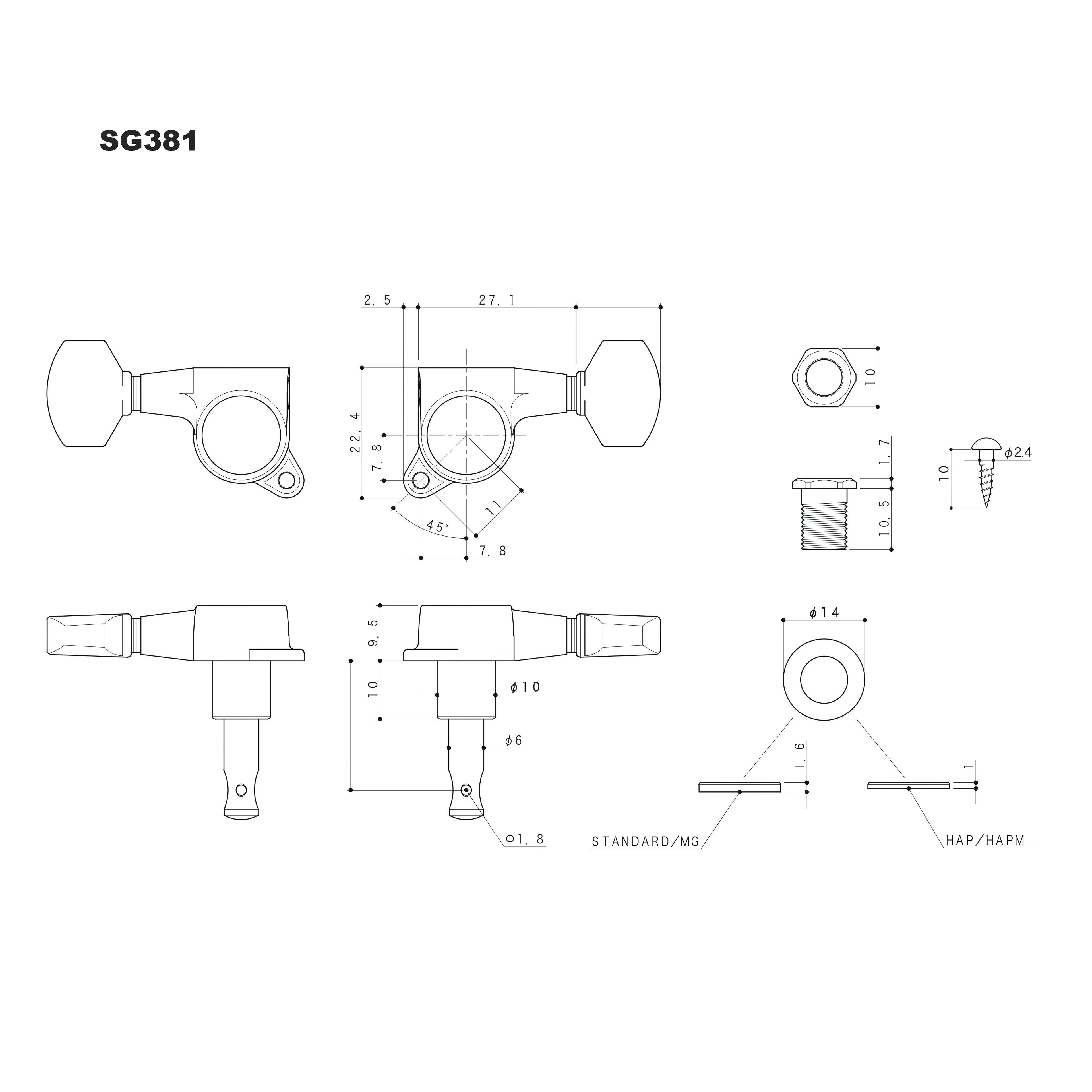 Gotoh SG381 Magnum Lock Traditional Tuners 3 Aside with Tulip Metal Buttons (Model 04) 16:1 Gear Ratio
