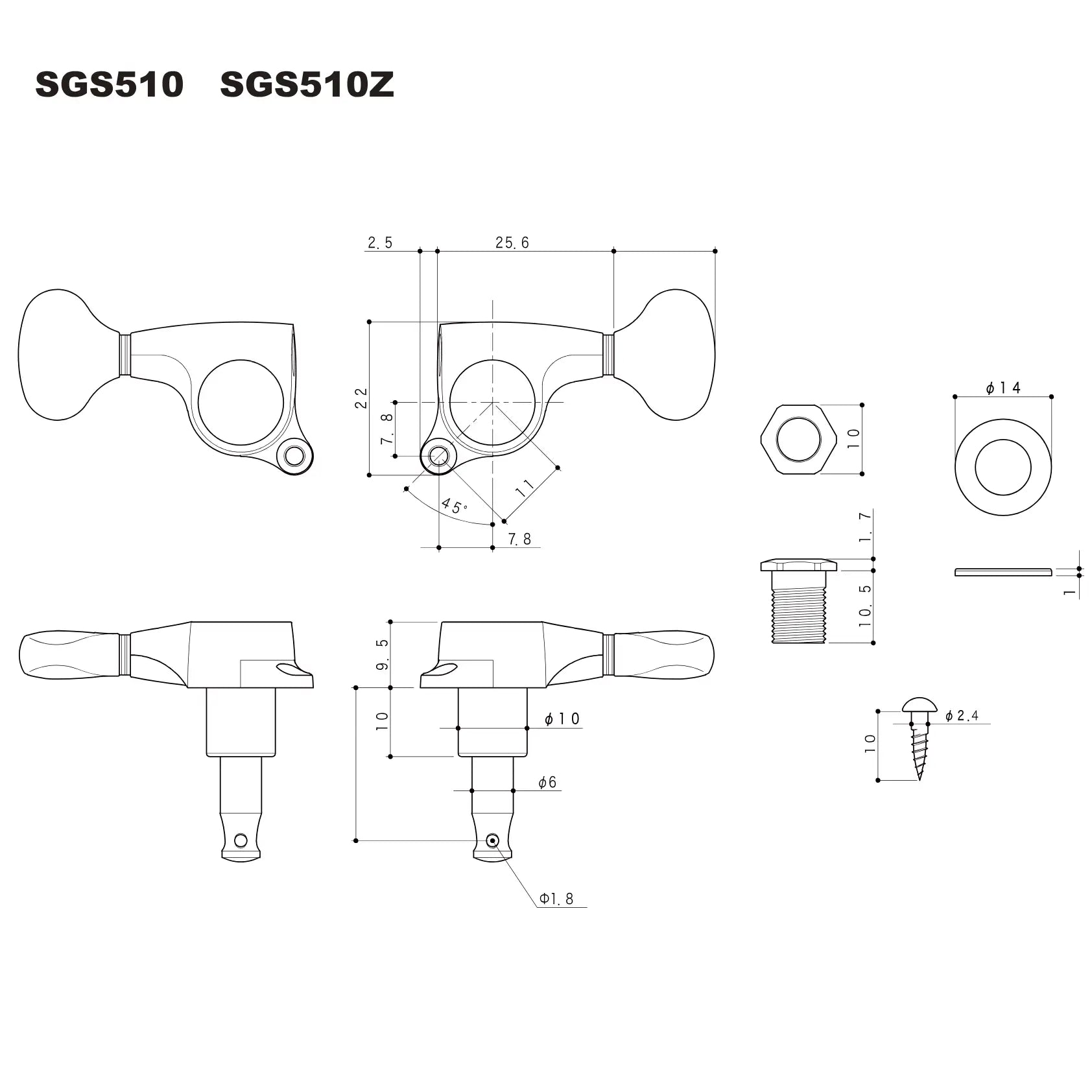 Gotoh SGS510 Magnum Lock 6 in Line Traditional Locking Tuners 15:1 Ratio